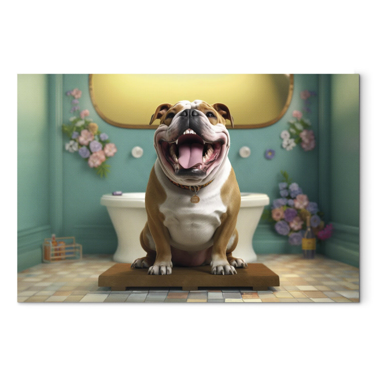Canvas Print AI French Bulldog Dog - Animal Waiting In Colorful Bathroom - Horizontal 150176