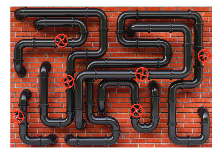 Wall Mural Industrial composition - geometric pipes on a red brick background 91976 additionalImage 1