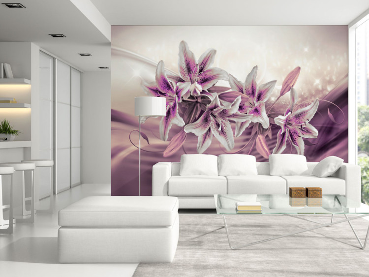 Photo Wallpaper Purple lilies - bouquet of flowers on purple background with glow effect 93776