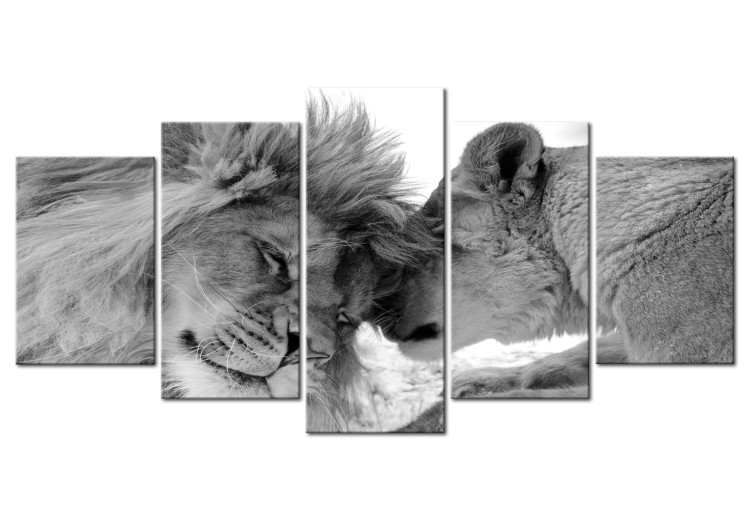 Canvas Print Lion Love (5-piece) - Black and White Composition with Animal Motif 105586