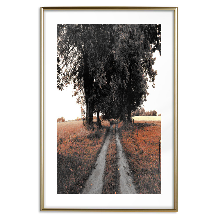Poster Road to the Forest - landscape of road and trees against orange meadow 124386 additionalImage 14