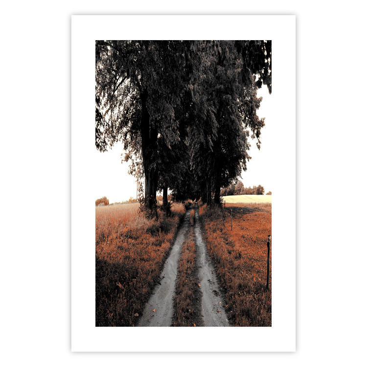 Poster Road to the Forest - landscape of road and trees against orange meadow 124386 additionalImage 19