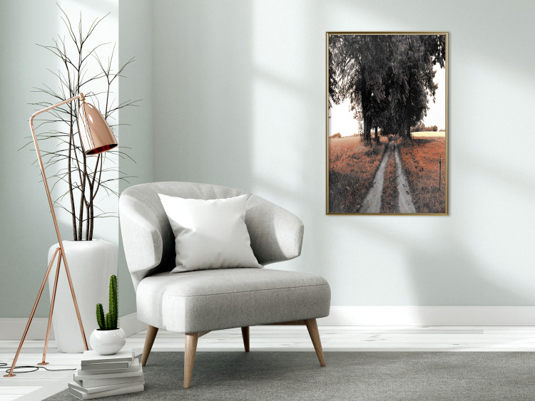 Poster Road to the Forest - landscape of road and trees against orange meadow 124386 additionalImage 7