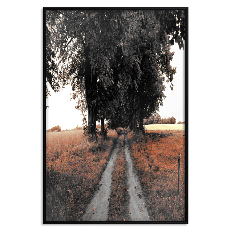 Poster Road to the Forest - landscape of road and trees against orange meadow 124386 additionalImage 18