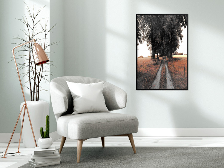 Poster Road to the Forest - landscape of road and trees against orange meadow 124386 additionalImage 5