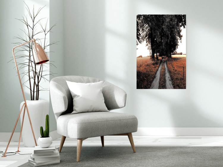Poster Road to the Forest - landscape of road and trees against orange meadow 124386 additionalImage 23