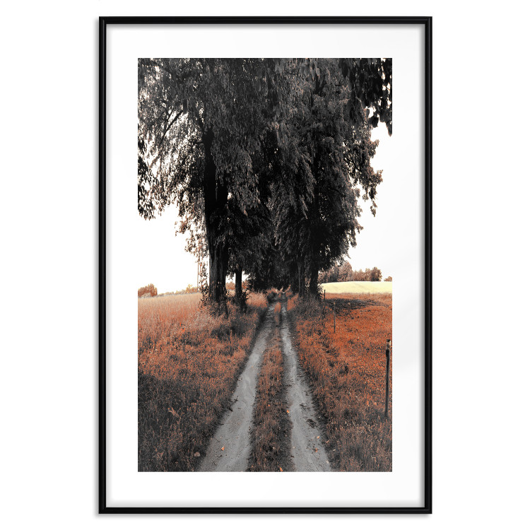 Poster Road to the Forest - landscape of road and trees against orange meadow 124386 additionalImage 15
