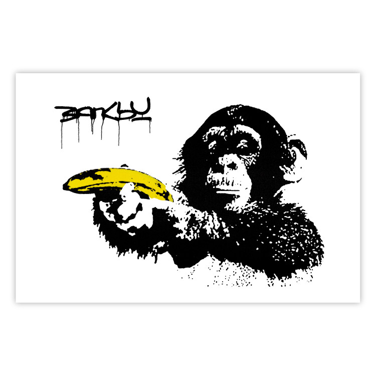 Poster Banksy: Monkey with Banana - black animal with a yellow fruit on a white background 132486