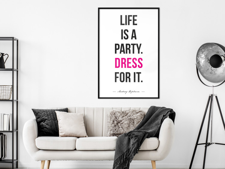 Wall Poster Life Is a Party - black and pink English quotes on a white background 134186 additionalImage 4