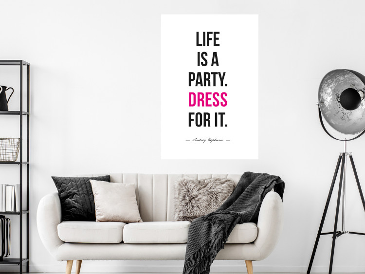 Wall Poster Life Is a Party - black and pink English quotes on a white background 134186 additionalImage 8