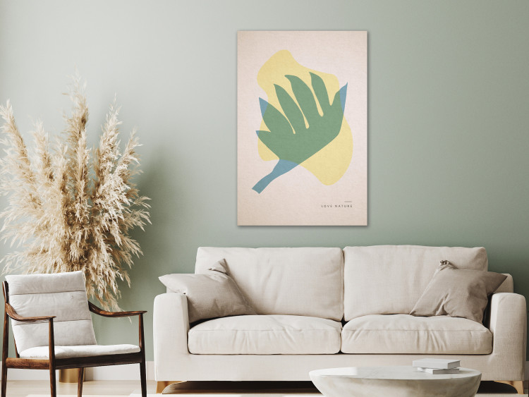 Canvas Print Love Nature - Pastel Abstraction in the Scandinavian style with a leaf on the shape of a rising bird and an inscription in English 134986 additionalImage 3
