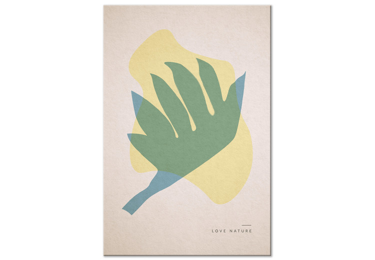 Canvas Print Love Nature - Pastel Abstraction in the Scandinavian style with a leaf on the shape of a rising bird and an inscription in English 134986