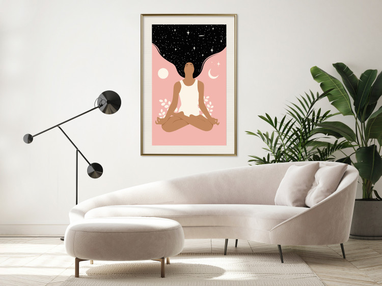 Wall Poster Morning Yoga - meditating woman drifting into thoughts in a dark cosmos 138886 additionalImage 2