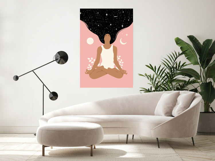 Wall Poster Morning Yoga - meditating woman drifting into thoughts in a dark cosmos 138886 additionalImage 13