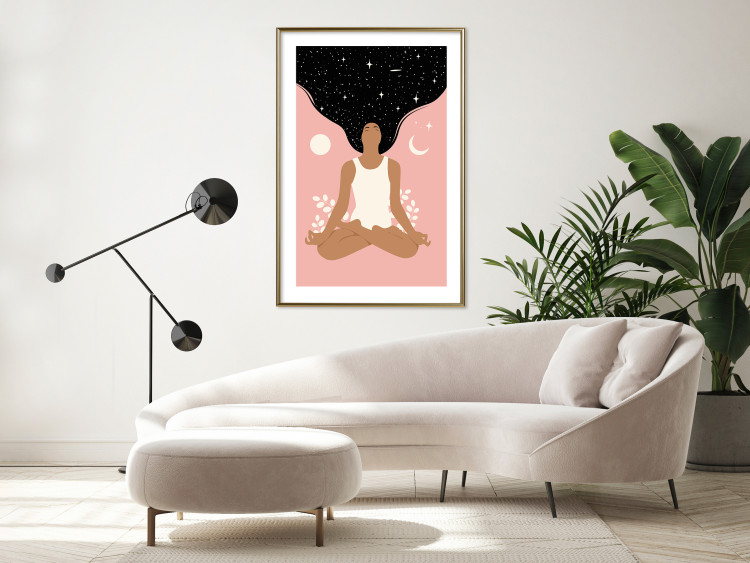 Wall Poster Morning Yoga - meditating woman drifting into thoughts in a dark cosmos 138886 additionalImage 18