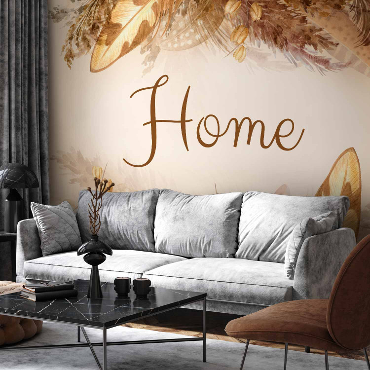 Wall Mural Home - lettering among dried flowers and feathers in warm boho tones 144686