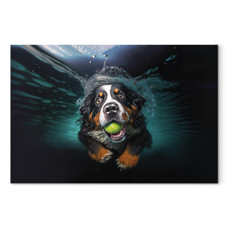 Canvas Art Print AI Bernese Mountain Dog - Floating Animal With a Ball in Its Mouth - Horizontal 150086