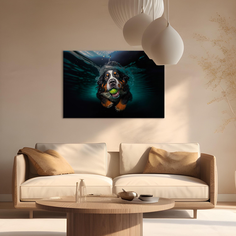 Canvas Art Print AI Bernese Mountain Dog - Floating Animal With a Ball in Its Mouth - Horizontal 150086 additionalImage 3