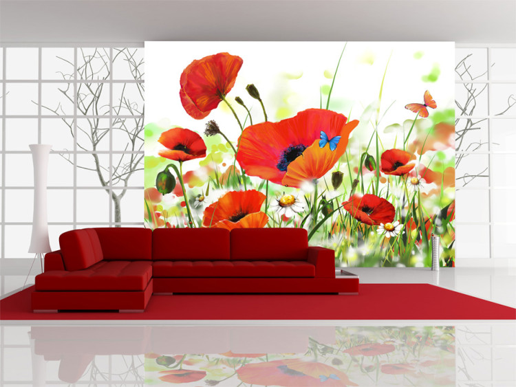 Photo Wallpaper Space - Spring Landscape with Poppies and a Blue Butterfly in the Center 60386