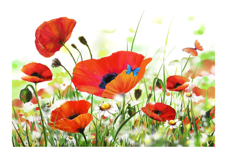 Photo Wallpaper Space - Spring Landscape with Poppies and a Blue Butterfly in the Center 60386 additionalImage 1
