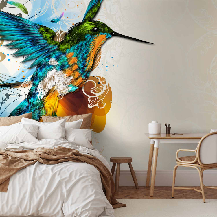 Photo Wallpaper Colorful Hummingbird - Fantasy with musical notes on a beige background with patterns 61286