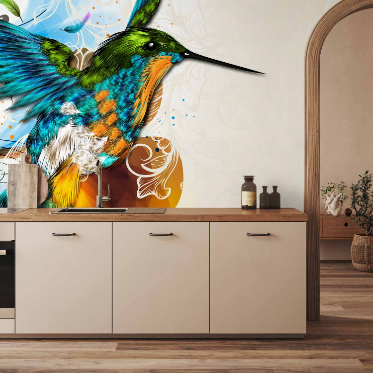 Photo Wallpaper Colorful Hummingbird - Fantasy with musical notes on a beige background with patterns 61286 additionalImage 6