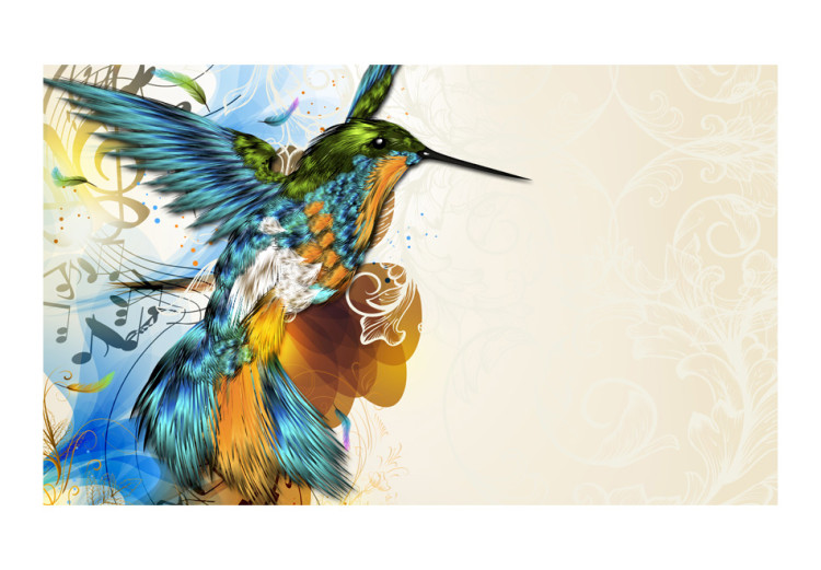 Photo Wallpaper Colorful Hummingbird - Fantasy with musical notes on a beige background with patterns 61286 additionalImage 1
