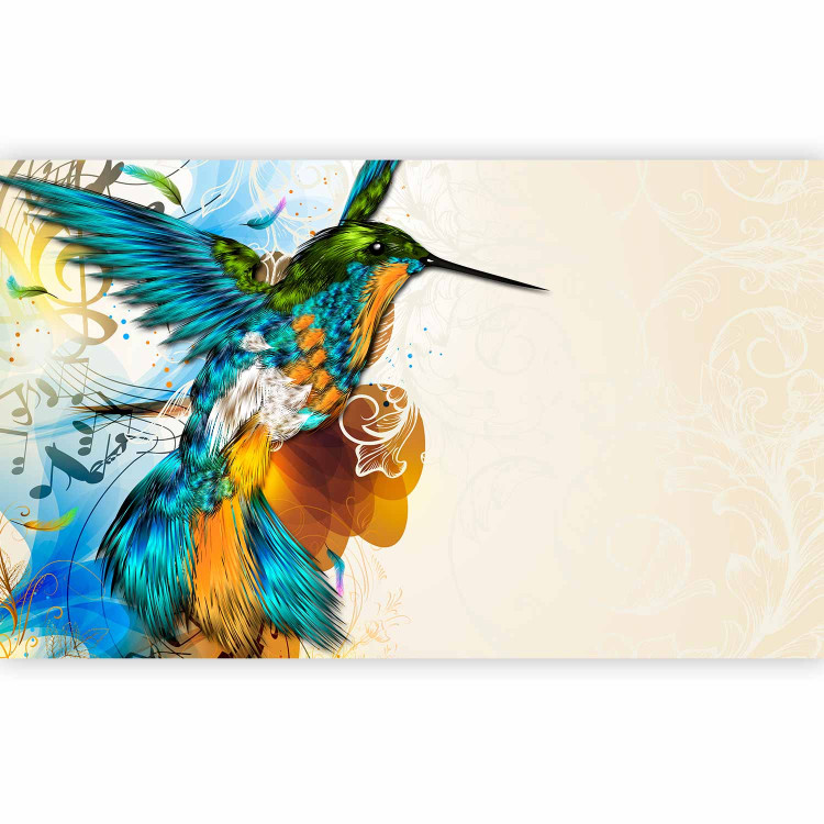 Photo Wallpaper Colorful Hummingbird - Fantasy with musical notes on a beige background with patterns 61286 additionalImage 1