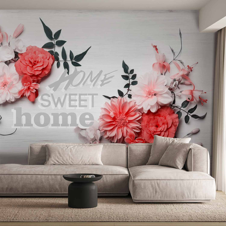 Photo Wallpaper Romantic house - red flowers with writing on a wood textured background 93086