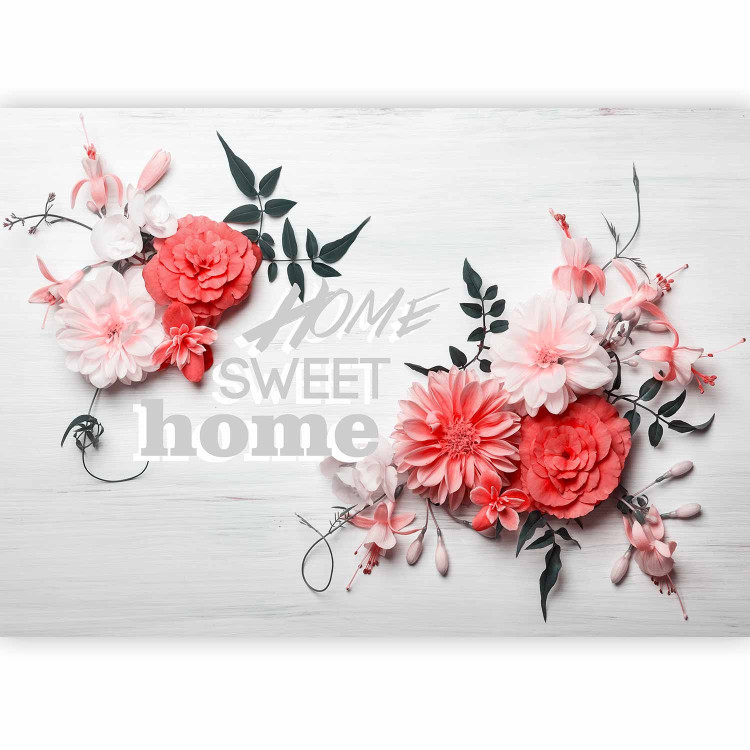 Photo Wallpaper Romantic house - red flowers with writing on a wood textured background 93086 additionalImage 1