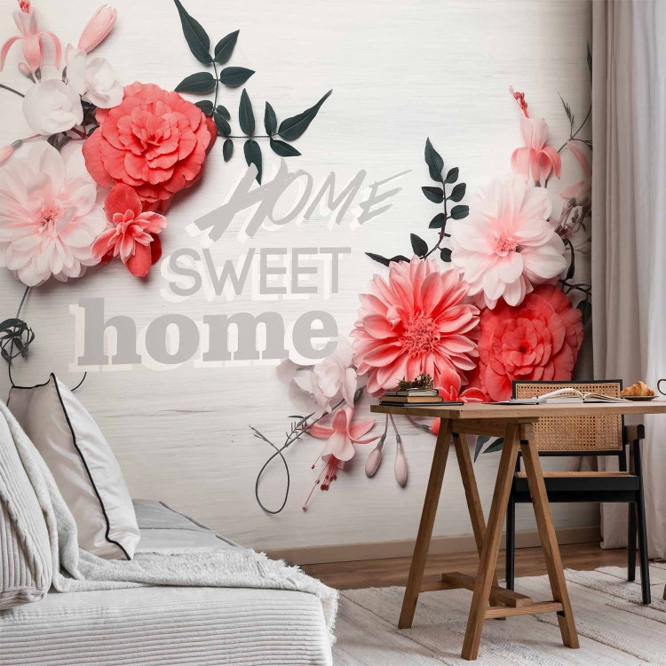 Photo Wallpaper Romantic house - red flowers with writing on a wood textured background 93086 additionalImage 4