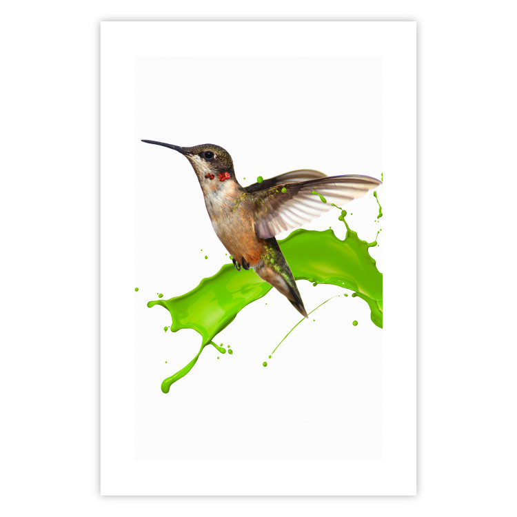 Wall Poster Hummingbird in Flight - Brown bird and spilled paint in green color 114396 additionalImage 12