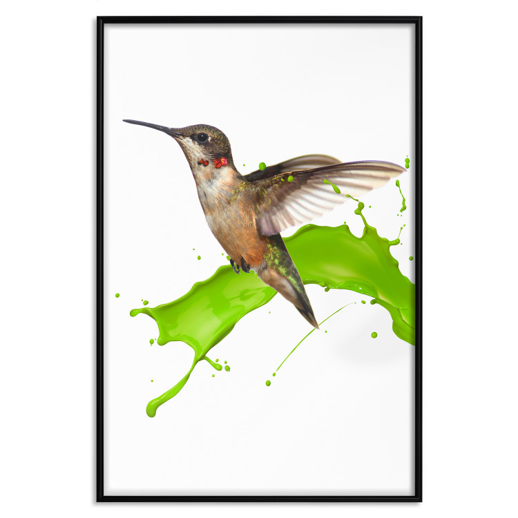 Wall Poster Hummingbird in Flight - Brown bird and spilled paint in green color 114396 additionalImage 13
