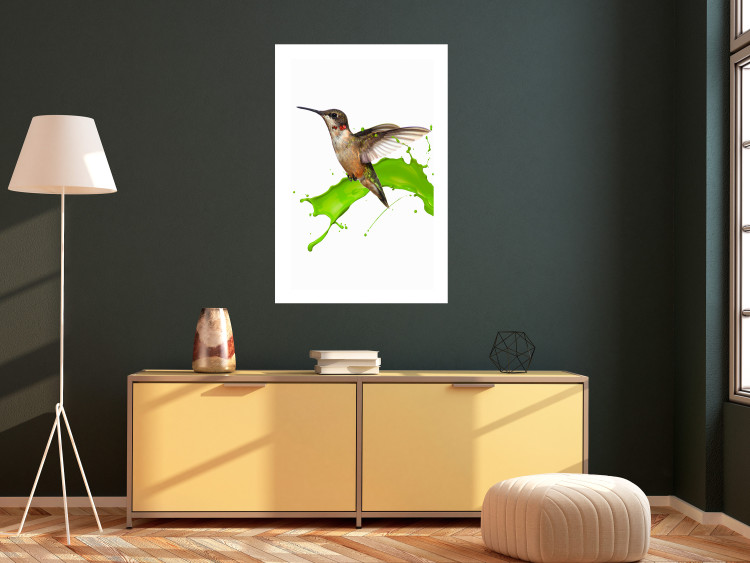 Wall Poster Hummingbird in Flight - Brown bird and spilled paint in green color 114396 additionalImage 2