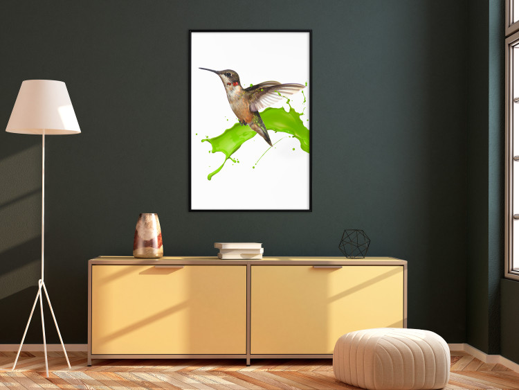 Wall Poster Hummingbird in Flight - Brown bird and spilled paint in green color 114396 additionalImage 11