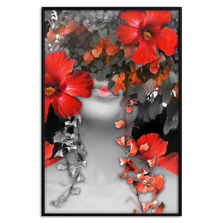 Wall Poster Japanese Dreams - red flowers on an abstract background of a woman 127396 additionalImage 18
