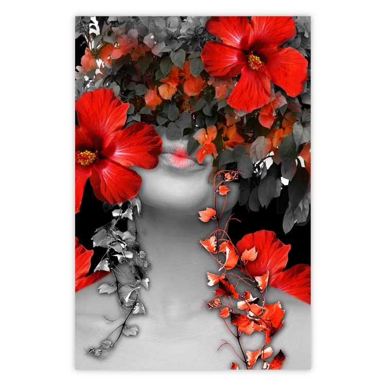 Wall Poster Japanese Dreams - red flowers on an abstract background of a woman 127396