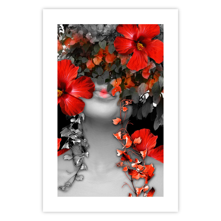 Wall Poster Japanese Dreams - red flowers on an abstract background of a woman 127396 additionalImage 25