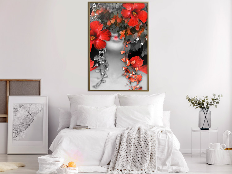 Wall Poster Japanese Dreams - red flowers on an abstract background of a woman 127396 additionalImage 5