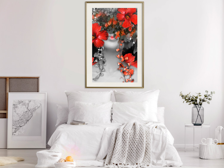 Wall Poster Japanese Dreams - red flowers on an abstract background of a woman 127396 additionalImage 22