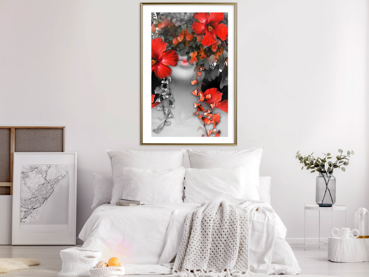 Wall Poster Japanese Dreams - red flowers on an abstract background of a woman 127396 additionalImage 15