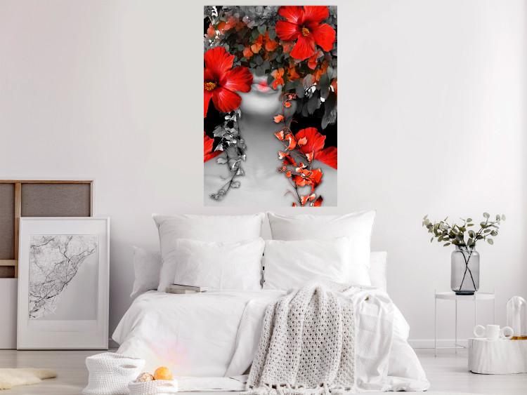 Wall Poster Japanese Dreams - red flowers on an abstract background of a woman 127396 additionalImage 2