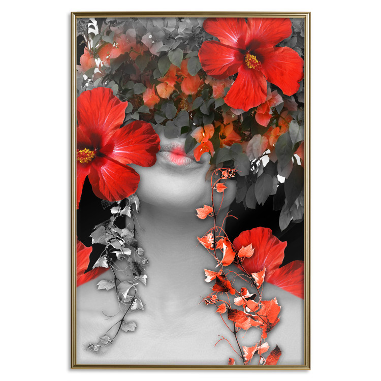 Wall Poster Japanese Dreams - red flowers on an abstract background of a woman 127396 additionalImage 21