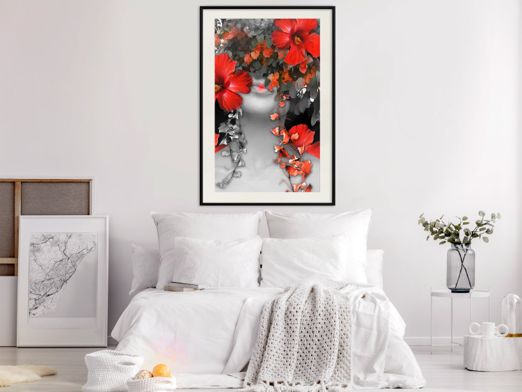 Wall Poster Japanese Dreams - red flowers on an abstract background of a woman 127396 additionalImage 24