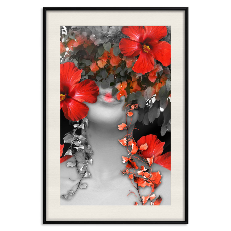Wall Poster Japanese Dreams - red flowers on an abstract background of a woman 127396 additionalImage 19