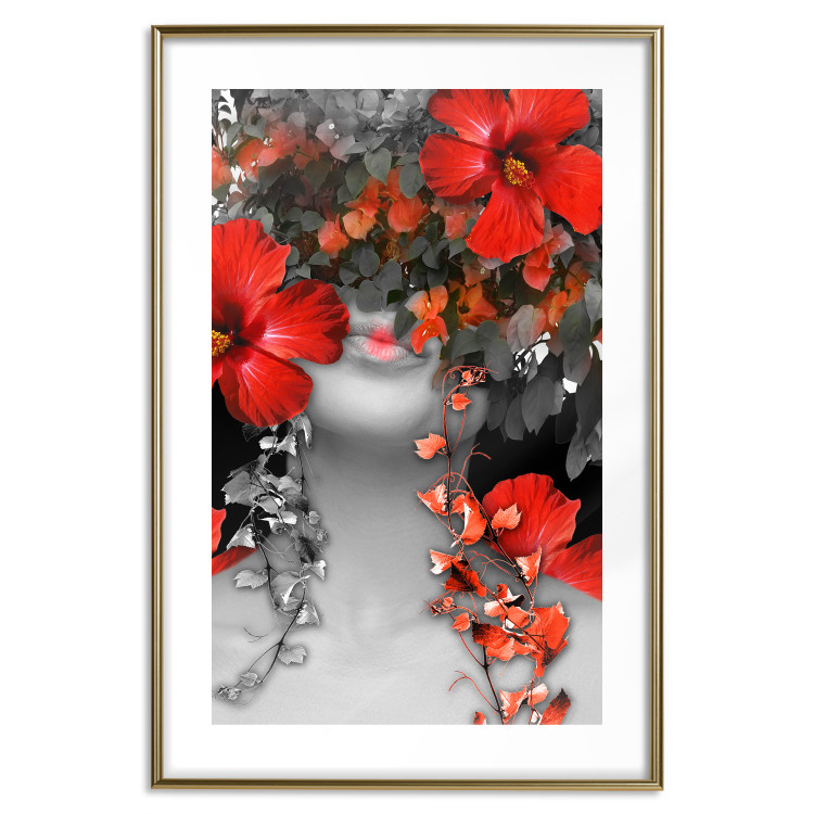 Wall Poster Japanese Dreams - red flowers on an abstract background of a woman 127396 additionalImage 14