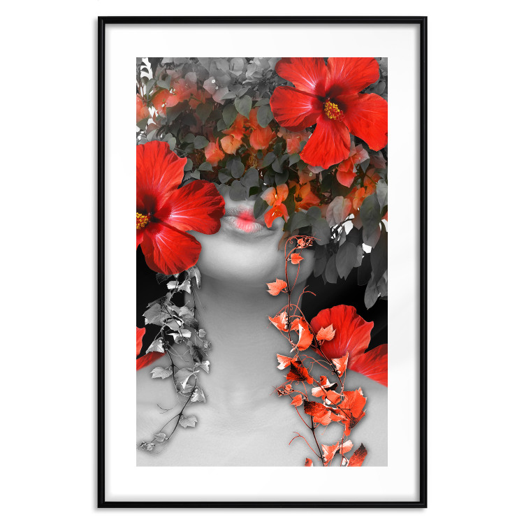 Wall Poster Japanese Dreams - red flowers on an abstract background of a woman 127396 additionalImage 17