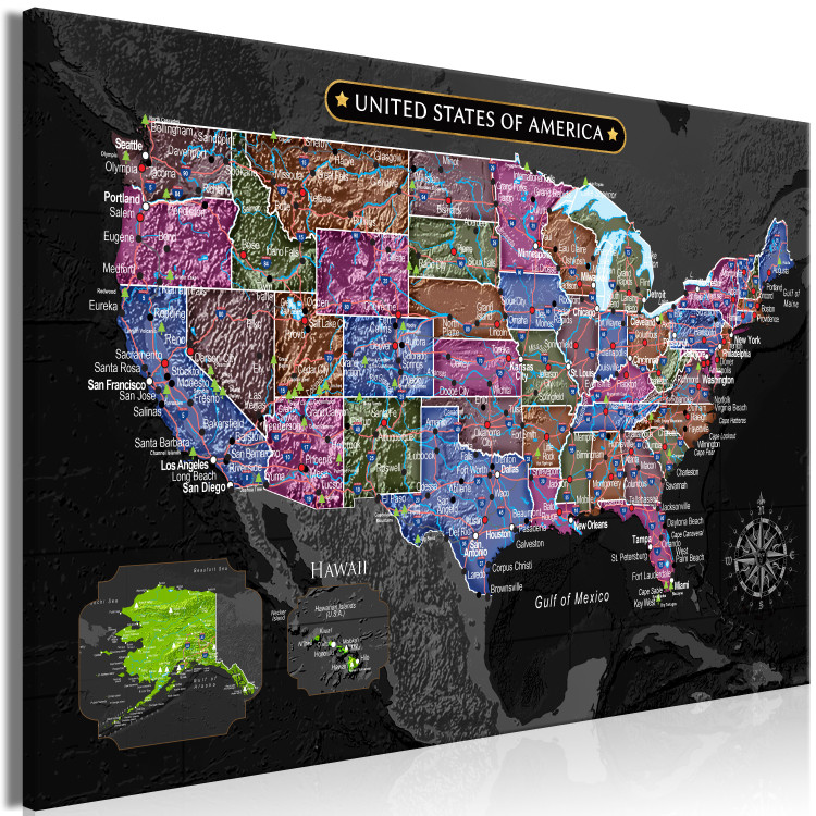 Canvas Multicoloured map of North America - on black background 127896 additionalImage 2