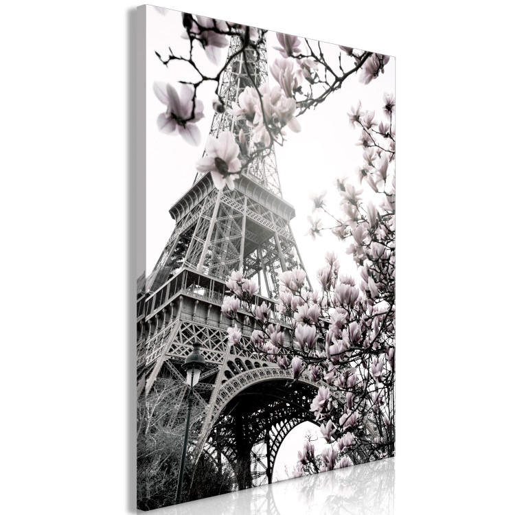 Canvas Art Print Parisian Magnolias (1-piece) Vertical - spring flowers with tower background 135596 additionalImage 2