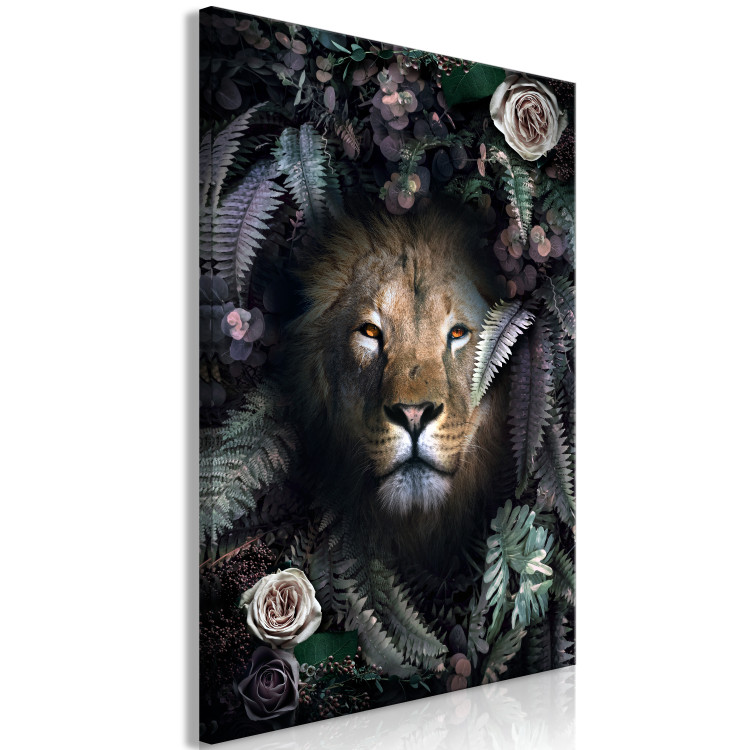 Canvas Art Print Lion in Leaves (1-piece) Vertical - wild cat among roses and ferns 138596 additionalImage 2